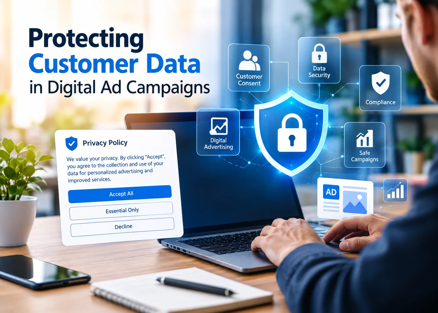 Professional working on a laptop with digital advertising interfaces, customer consent options, a security shield, data protection icons, privacy policy controls, compliance symbols, and secure campaign analytics representing customer data protection in digital advertising.